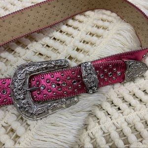 Hot pink rhinestone studded genuine leather belt